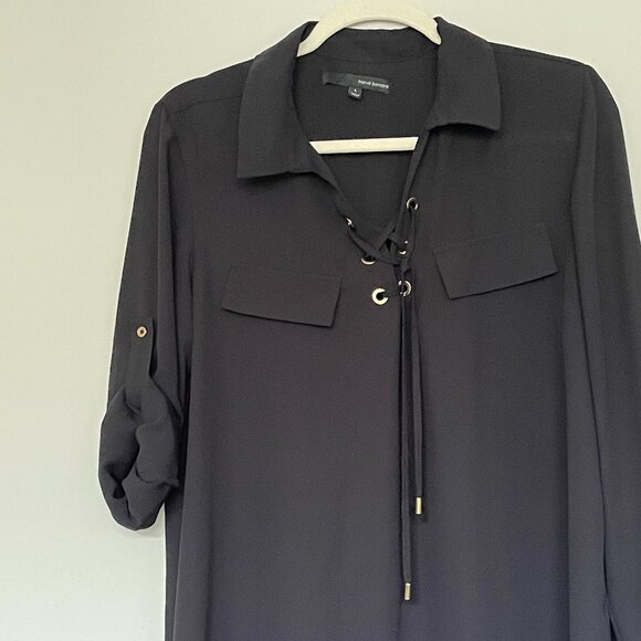 Black Sheer Lace Front Long Sleeve Blouse Harve Benard Size L - Picture 4 of 8